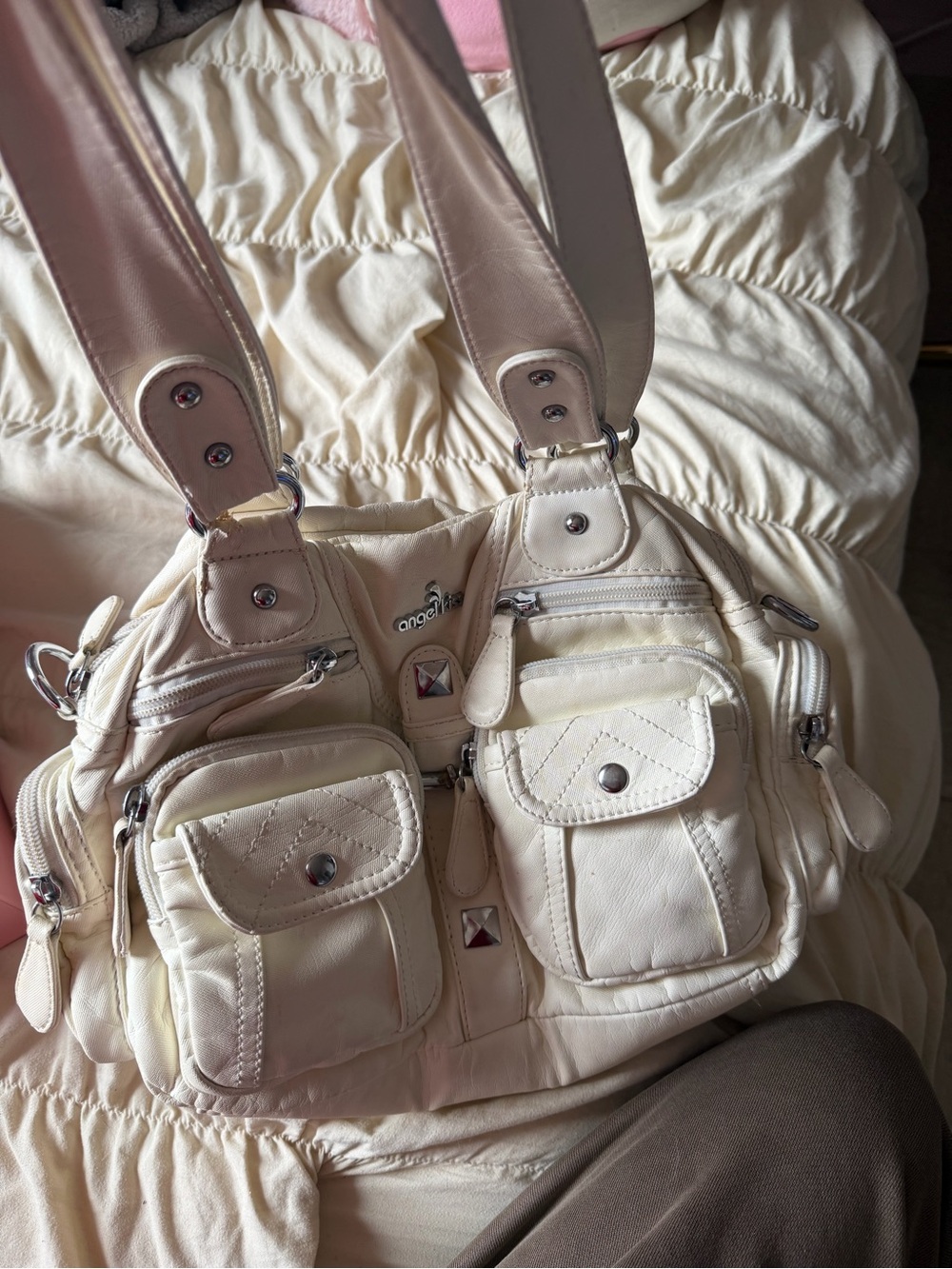 Angel Kiss Cream Multi-Pocket Shoulder Bag with Stud Accents